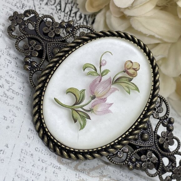 Festival  Tulip Frosted  Rose Pink Mauve Victorian Cameo Wedding Pin Hair Clip - Picture 1 of 13
